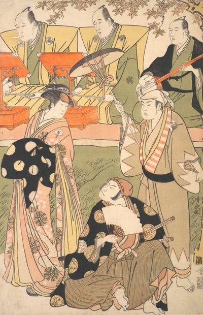 Divadelní scéna s hudebníky. od Torii Kiyonaga