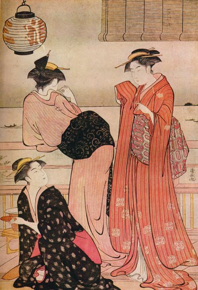 Tři dívky na verandě čajovny s výhledem na záliv Edo v Shinagawa, c1752-1815 od Torii Kiyonaga