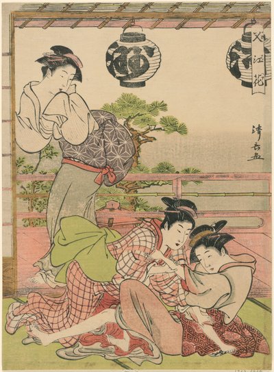 Dvě gejši bojující o dopis (Fumi no arasoi), ze série "Květiny Nakasu (Nakasu no hana)" od Torii Kiyonaga