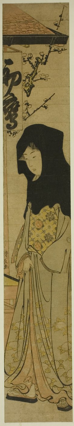 Žena v černé kapuci před čajovnou Hatsutaka od Torii Kiyonaga