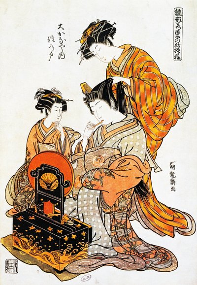 Žena před zrcadlem s česanými vlasy, umělecký tisk ukiyo-e od Torii Kiyonaga (1751-1815), dřevoryt, japonská civilizace, období Edo od Torii Kiyonaga