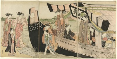 Ženy připlouvající na břeh z výletní lodi na řece Sumida od Torii Kiyonaga