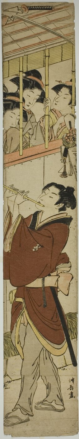 Mladý muž hraje na flétnu jako tři dívky hodinky od Torii Kiyonaga