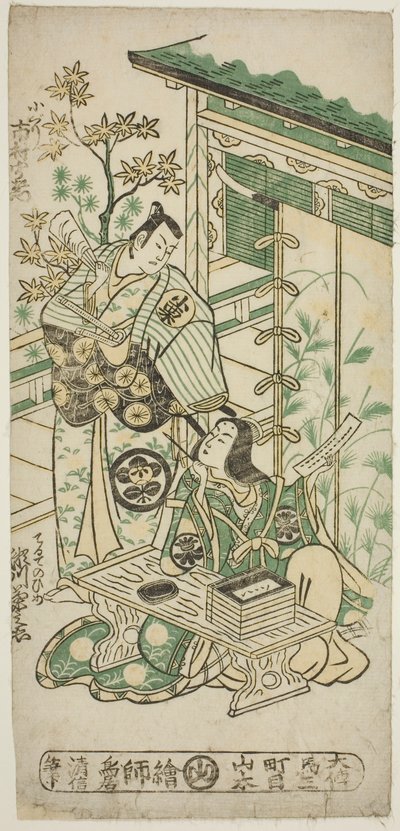 Herci Ichimura Uzaemon VIII jako Oguri Hangan a Segawa Kikunojo I jako Terute no Mae ve hře „Mangetsu Oguri Yakata“, hráli v divadle Ichimura v osmém měsíci, 1747 od Torii Kiyonobu II