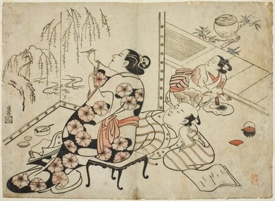 Kurtizána maluje obrazovku, ze série 12 erotických tisků od Torii Kiyonobu I
