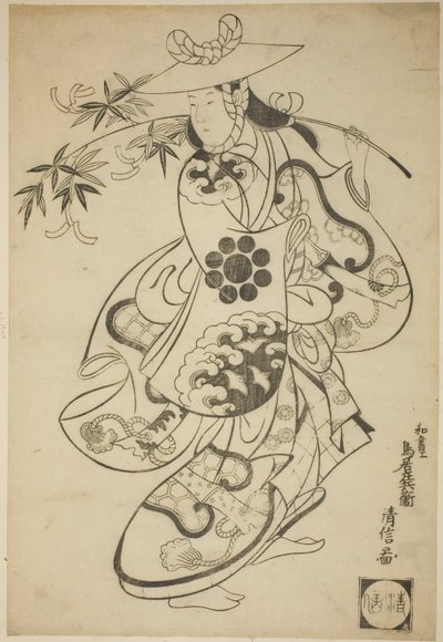Sawamura Kodenji I jako Tsuyu no Mae ve hře „Kanto Koroku“ hrané v divadle Nakamura ve třetím měsíci roku 1698 (?) od Torii Kiyonobu I