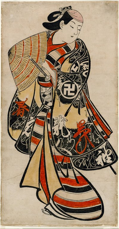 Herec Takii Hannosuke jako zženštilý mladík, asi 1707 (ručně kolorovaný dřevoryt; tan-e, vertikální o-oban) od Torii Kiyonobu I