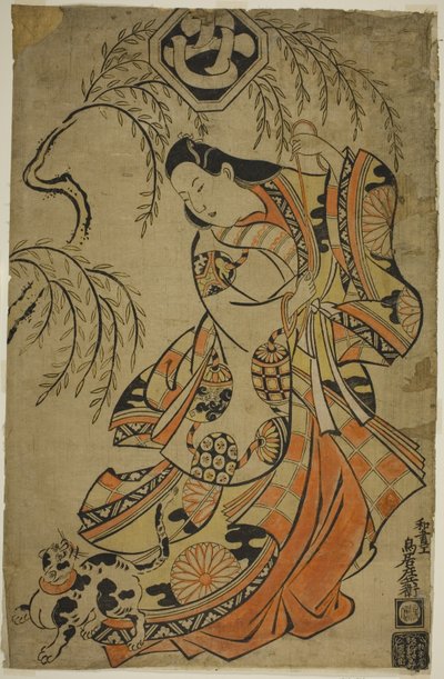 Herec Uemura Kichisaburo jako třetí princezna ve hře Wakoku Gosuiden, uvedené v divadle Morita ve třetím měsíci, 1700 od Torii Kiyonobu I