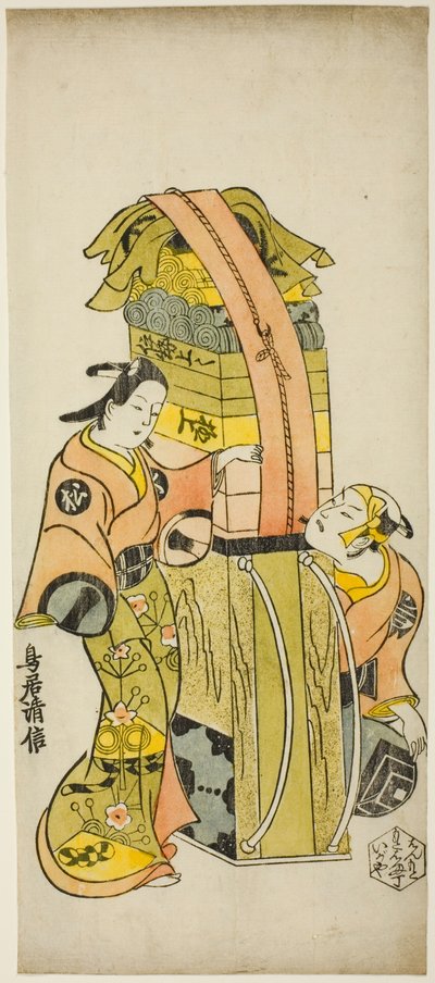 Herci Ichikawa Danjuro II jako Kamada Matahachi a Ichikawa Monnosuke I jako Hisamatsu ve hře „Osome Hisamatsu Shinju Tamoto no Shirashibori“, uvedené v divadle Morita, 1720 od Torii Kiyonobu I