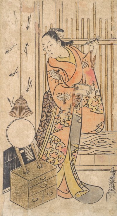 Herec jako žena stojící u zrcadlového stojanu, ca. 1735. od Torii Kiyotada
