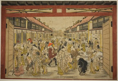 Hlavní brána, Nová Jošivara, asi 1745 (ručně kolorovaný dřevoryt; toku-oban joko-e, beni-e) od Torii Kiyotada