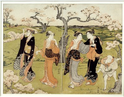 Piknik pod rozkvetlou třešní v Assaakayama. Japonský tisk od Torii Kiyonaga (1752-1815), styl Ukiyo-E od Torii Kuyonaga