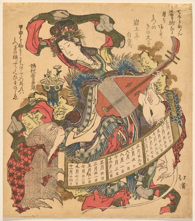 Benzaiten hraje biwa s opicí a bílou krysou od Totoya Hokkei