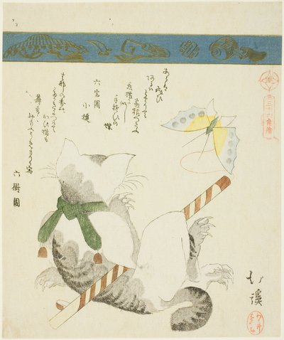 Kočka si hraje s motýlem, ze série "Třicet šest obrázků ptáků (Sanjuroku kinzoku)" od Totoya Hokkei