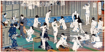 Scéna z lázeňského domu, tisk Toyohara Kunichika, 19. století od Toyohara Kunichika
