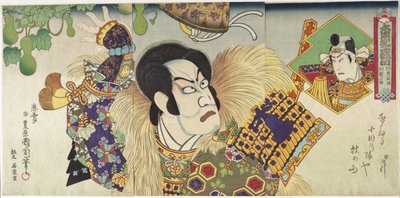 Kawarazaki Gonnosuke jako Takechi Mitsuhide a Ichikawa Sadanji jako Mashiba Hisayoshi od Toyohara Kunichika