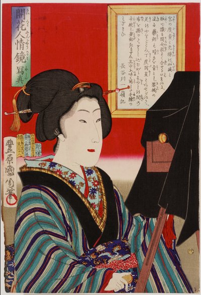 Mirror of Human Nature: the Photograph, éra Meiji, 1878 (barevný dřevořez) od Toyohara Kunichika