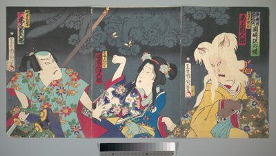 Onoe Kikugorō V als Otowake Neko no ke (Rechts), Bandō Mitsugorō IV als Aishō Michinoku (Mitte), Onoe Kikugorō V als Isogai Mibunosuke (Links) im Kabuki-Stück Tōkai Kidan Nekomata Yashiki od Toyohara Kunichika