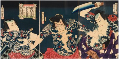 Herci kabuki (zprava doleva) Ichimura Kakitsu IV jako Asahina Tobei, Nakamura Shikan IV jako Washi no Chokichi a Sawamura Tosshi II jako Yume no Ichirobei, IV/1868 od Toyohara Kunichika