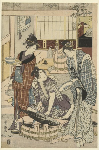 obchodník s rybami Čtvrtý měsíc, triptych Yongatsu, sanbukutsui (název na objektu) Dvanáct měsíců od Toyohiro a Toyokuni (název série) Toyohiro Toyokuni ryoga juniko (název série na objektu) od Toyokuni (II) , Utagawa