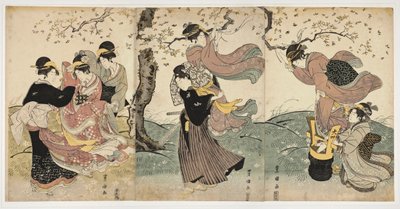 Japonské umění: Květiny ve větru (scéna se ženami a mužem visícím fáborky na větvích stromu) - tisk Utagawa Toyokuni (1769-1825) linoryt (37,8x75,9), cca 1797-1800 - Honolulu Academy of Arts od Toyokuni Utagawa