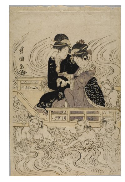 Partička kurtizán brodící vlnou zmítanou řeku od Toyokuni Utagawa