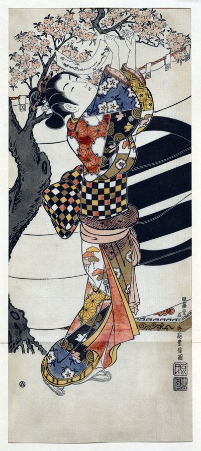 Kimonossa pukeutunut japanilainen nainen roikkuu runoja kukkivassa kirsikkapuussa, japanilainen puupiirros Ishikawa Toyonobu (1711-1785) c. 1741 od Toyonobu Ishikawa