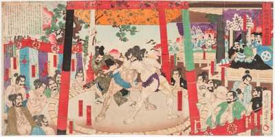 Combat de sumo devant Toyotomi Hideyoshi 1537-1598) et Kato Kiyomasa (1562-1611). Estampe de Utagawa Toyono bu (1859-1886)   1397997   cs       czech Successfully Translated  Original: Cologne Translat: Cologne 1424710 cs czech Successfully Translated Orig od Toyonobu Utagawa