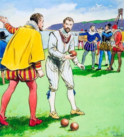 Sir Francis Drake hraje mísy na Plymouth Hoe, 1588 c1900 od Trelleek