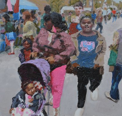 Rodinné nakupování (Deptford, Londýn), 2018 (olej na desce) od Trevor Burgess