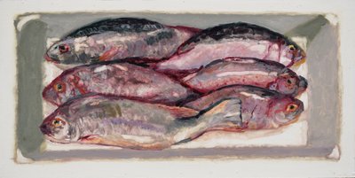 Rybí bedna 1 (Billingsgate, Londýn), 2016 (olej na desce) od Trevor Burgess