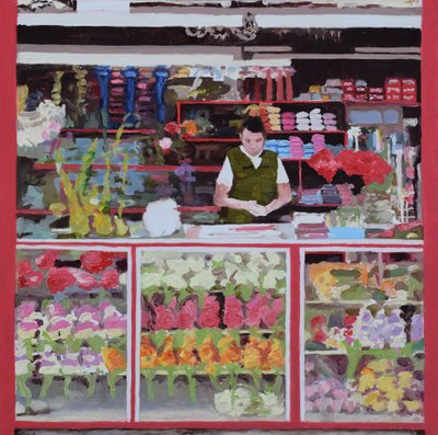 Květinový stánek (Bogota, Kolumbie), 2016 (olej na desce) od Trevor Burgess