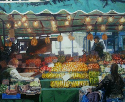 Velký stánek na trhu (Lewisham, Londýn), 2011 (olej na desce) od Trevor Burgess