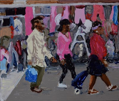 Trhovci (Deptford, Londýn), 2018 (olej na desce) od Trevor Burgess