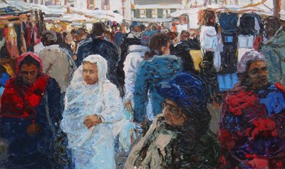 Trhovci (Ridley Road, Londýn), 2011 (olej na plátně) od Trevor Burgess