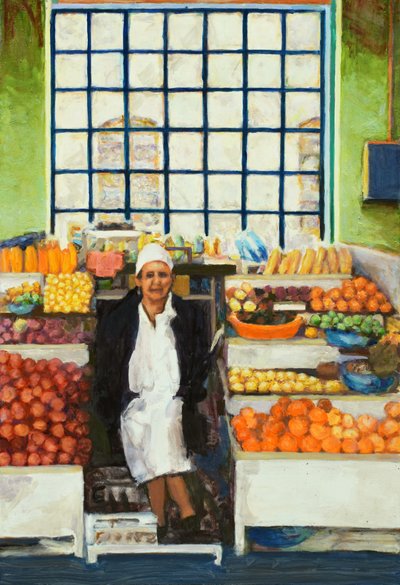 Tržní stánek (Quito, Ekvádor), 2015 (olej na desce) od Trevor Burgess