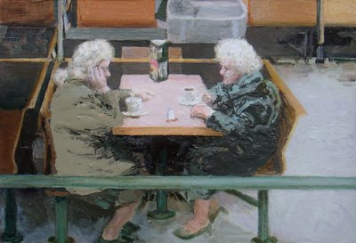 Nad šálkem kávy, 2010 (olej na desce) od Trevor Burgess