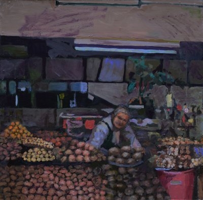 Stánek s bramborami (Quito, Ekvádor), 2015 (olej na desce) od Trevor Burgess