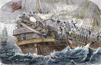 Zajetí Kentu““ francouzským lupičem Robertem Surcoufem (1773–1827) na lodi „La Confidence“ dne 7.10.1800 v Bengálském zálivu““ (Boj mezi Francouzskou důvěrou (Robert Surcouf) a HMS Kent v Bengálském zálivu, 7. října 1800) od Trichon (after)