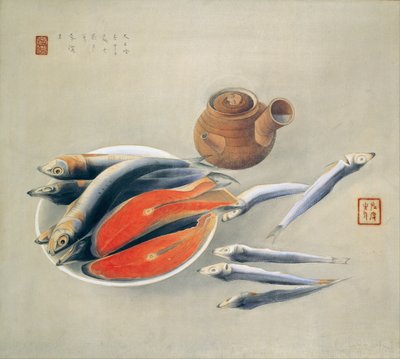 Stálý život. Plátky lososa a sardinky, 1924 od Tsuchida Bakusen