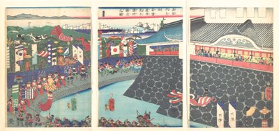 Hidejoši a jeho vojska opouštějí tábor Nagoya (Mashiba Hideyoshi kō nagoya jin saki te no shoshō kuridashi no zu) od Tsukioka Yoshitoshi