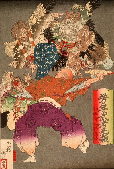 Hōjō Takatoki, pán ze Sagami, odhánějící tengu svým vějířem od Tsukioka Yoshitoshi