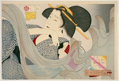 Vypadá to kouřově. Hospodyně z éry Kjóa Kemuso Kjóa nenkan naišitsu no fuzoku, 1880 (dřevoryt) od Tsukioka Yoshitoshi