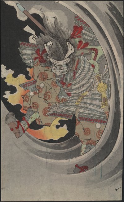 Duch generála Taira no Tomomori prorážejícího se vlnami u vodopádu Nunobiki, 1889. od Tsukioka Yoshitoshi