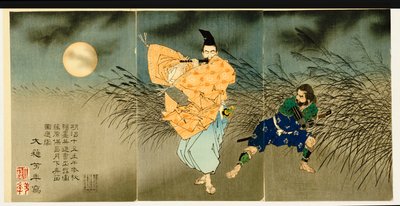 Triptych "Fujiwara No Yasumasa hrající na flétnu za měsíčního svitu", 1883 od Tsukioka Yoshitoshi