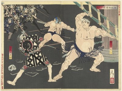 Bojujte mezi hasiči a zápasníky sumo v chrámu Shinmei Shinmei sumo toso no zu (název na objektu) Nové brokáty z východu (název série) Shinsen Azuma nishiki (název série na objektu) od Tsukioka Yoshitoshi
