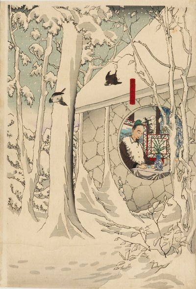 Woodblock print triptych - Gentoku navštěvující komei v jeho útočišti, ve sněhové bouři, konec 19. století od Tsukioka Yoshitoshi