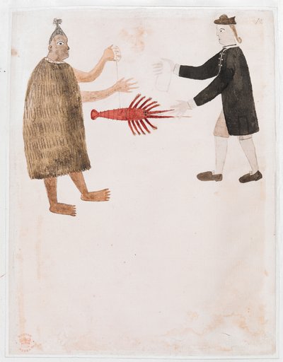 Přidat MS 15508 [Nákres č. 12] Maori vyměňující raka s anglickým námořním důstojníkem, „Výkresy znázorňující první plavbu kapitána Cooka“ od Tupaia Tupaia