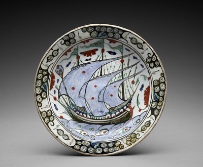 Mísa: "Galeon na moři", první polovina 17. století (podglazurní malované fritware) od Turkish School