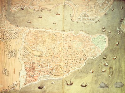 H 1523 fol.158v-159r Pohled na Istanbul a Bosporskou úžinu, z 